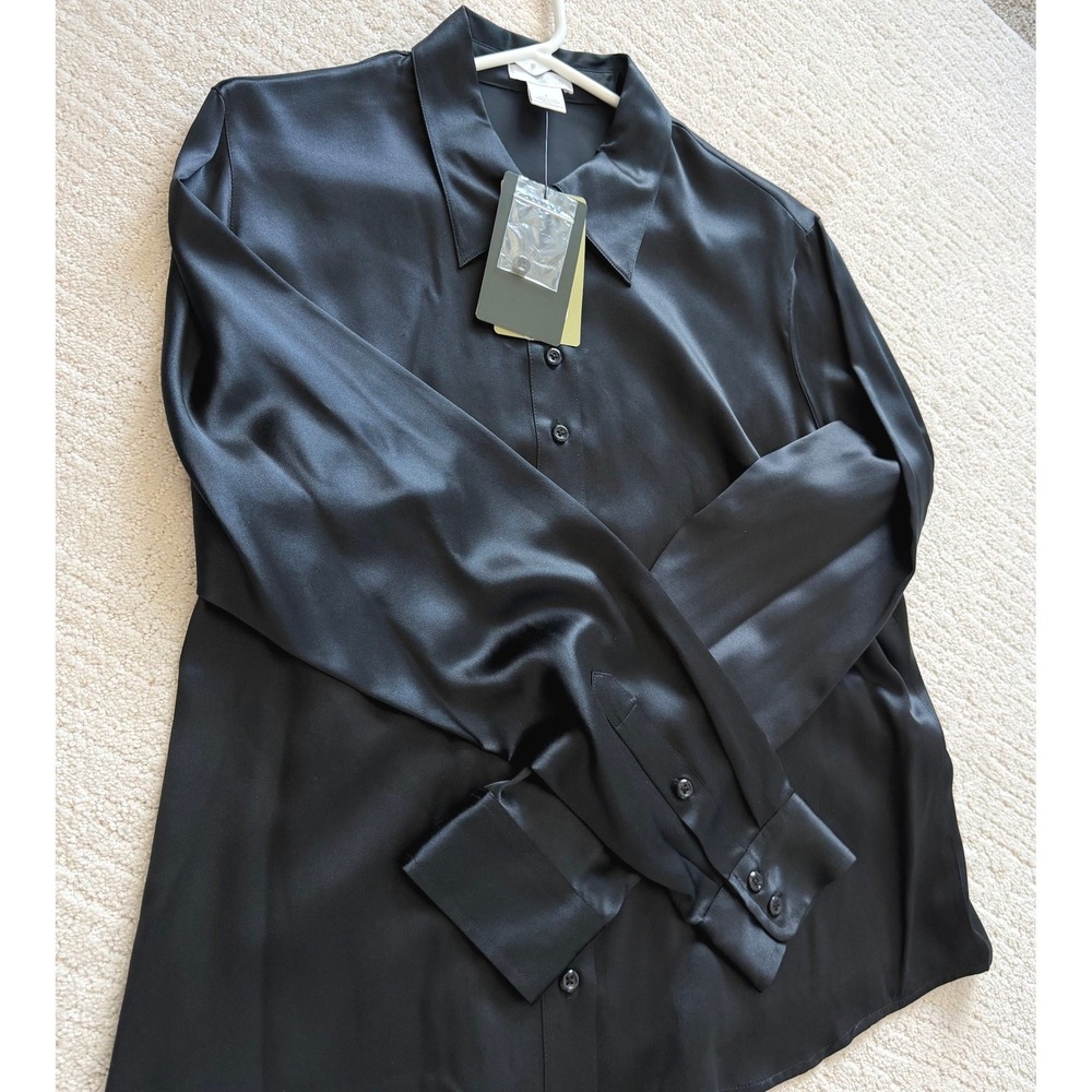 Marshall Field's Ebony Black 100% Silk Button Down Blouse Vintage NWT LG Luxury